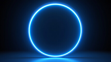 3D render of a glowing neon ring on a simple blue background, featuring an abstract geometric round frame, ideal for modern designs, technology visuals, and futuristic concepts.
