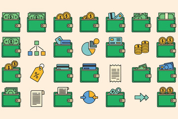 Vector art of set of green wallet icons with money, coins, credit cards and financial symbols