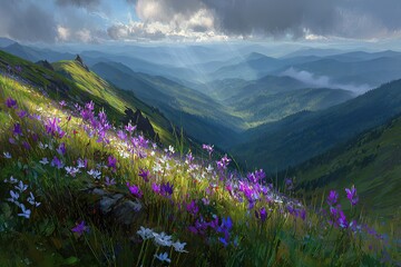 Obraz premium Vibrant wildflowers bloom on a mountain slope under a cloudy sky during the late afternoon