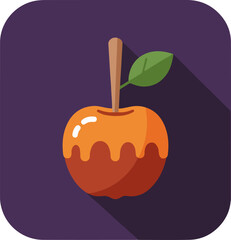 Illustration of a caramel apple with a wooden stick and green leaf on a purple background