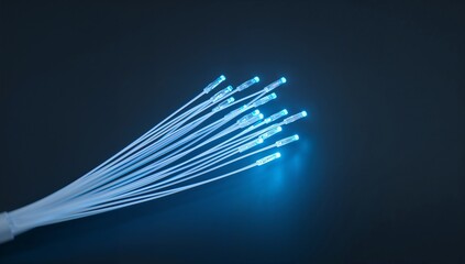 Minimalist abstract technology background with glowing blue optical fibers representing data flow, perfect for corporate branding.