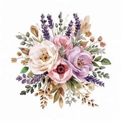 Elegant floral bouquet with 3D watercolor ranunculus and lavender, perfect for luxury wedding invitations and branding.

