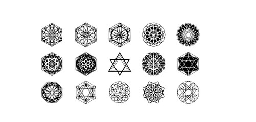 Collection of geometric shapes and patterns featuring intricate designs and symmetrical elements suitable for backgrounds or creative projects on a white surface