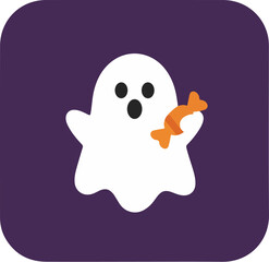 Fototapeta premium Cheerful cartoon ghost holding candy corn on dark purple background
