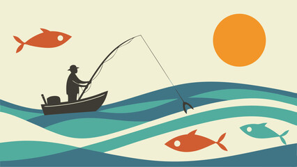 Vintage fishing trip scene with retro style waves and sun, fisherman silhouette in boat angling for fish, simple outdoor recreational design