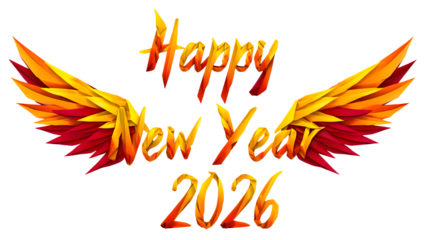 Fiery happy new year 2026 wings isolated on transparent background