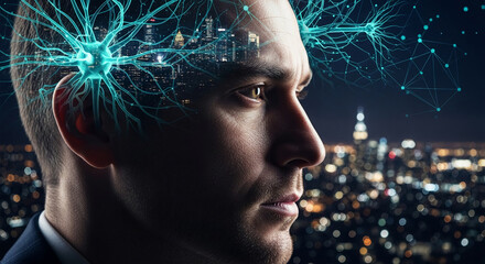 Close-up of man's profile, overlaid with glowing neuron network and cityscape, symbolizing the interconnectedness of brain, technology, and urban life, ideal for tech or neuroscience concepts