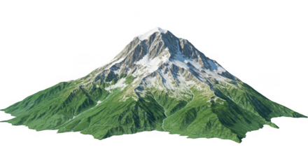 Majestic snow capped mountain peak with lush green slopes isolated on transparent background