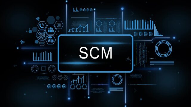 SCM Futuristic Motion Background . Supply Chain Management Digital Network . Logistics and Data Flow HUD Animation . AI Technology Business Connection . Global Smart System Concept Video 4k animated - Powered by Adobe