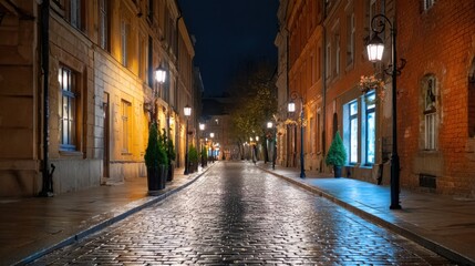 quiet empty street with glowing lanterns at night, romantic and soulful mood, minimal style