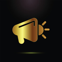 Golden megaphone icon on black background representing announcement marketing and advertising concept