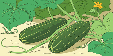 Vector illustration of fresh cucumbers grow among vibrant green leaves on dark grassy back-view.