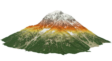 Detailed topographic 3d model of a majestic snow capped mountain isolated on transparent background