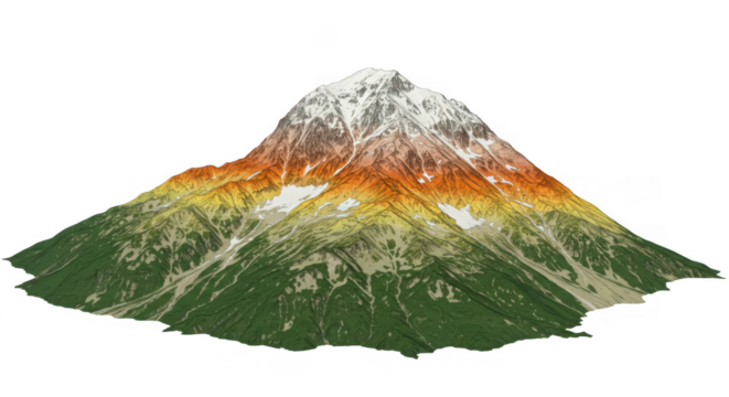 Detailed topographic 3d model of a majestic snow capped mountain isolated on transparent background