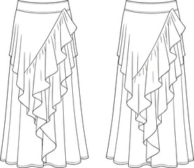Technical flat sketch of women’s asymmetrical ruffle skirt front and back view, cascading layered ruffles, fitted waistband, garment construction illustration © Ashik World