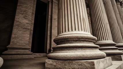 Detailed close-up of classical fluted stone columns on a building with a dark doorway - Powered by Adobe