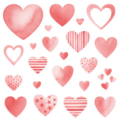 Pink hearts collection, clipart isolated on white. Stripes hearts, heart sumbols with patterns, rosy St. Valentine's Day love vector sybols.
