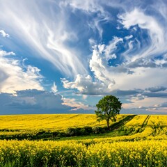 Sunny field of yellow flowers under a dynamic blue sky
