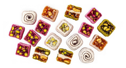 Assortment of turkish delight candies with nuts and pistachios, isolated on transparent background