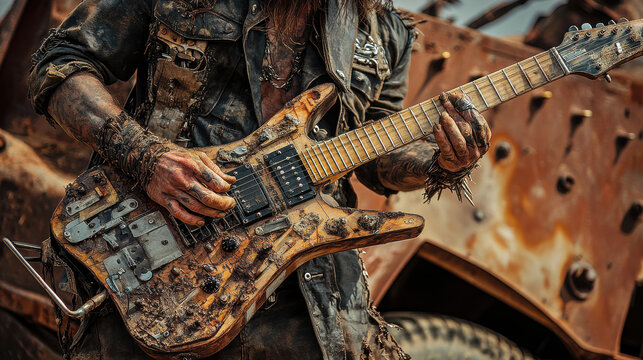 Aggressive heavy metal guitarist shreds on a custom distressed electric guitar in a post apocalyptic wasteland