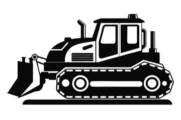 Black and White Illustration of a Bulldozer with Tracks and a Visible Cab