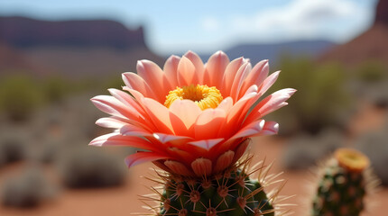 A cactus flower blooms in the desert. Close up of bright pink petals and yellow center outdoors.