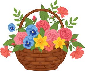 Spring flower basket, colorful floral arrangement, pink roses, blue pansies, yellow daffodils, garden decoration, nature bloom, white background, vibrant bouquet