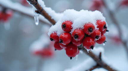 Red berries covered in fresh snow and delicate icicles on a branch, close up.