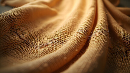 Close-up of natural burlap fabric with warm, textured folds, creating an organic background.