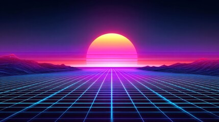 retro futuristic background, vaporwave neon, synthwave aesthetic with technology grids and glowing horizon