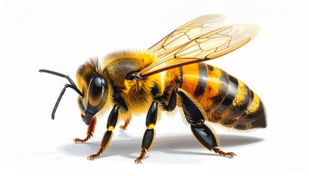 Detailed Macro Shot of a Honey Bee on a White Background.