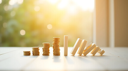 Golden coin stacks symbolizing financial growth stand beside falling dominoes, representing risk and potential economic crisis under bright sunlight.