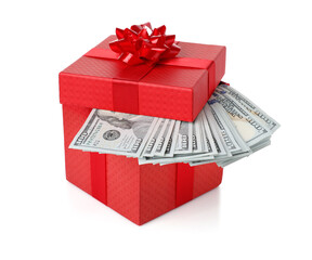 Gift box with dollar banknotes isolated on white