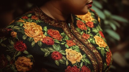 Plussize fashion showcased in a vibrant outfit captured in medium shot with focus on the garments flattering fit while surroundings remain out of focus.