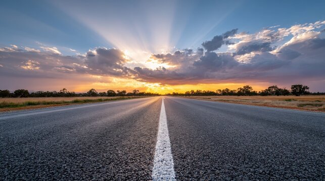 road stretching into the horizon, warm tones, rays of sunlight breaking clouds, sense of hope, minimal style
