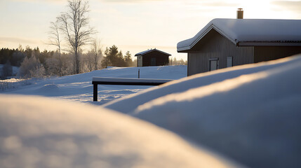 Winter landscape featuring snow-covered homes. Cozy cottages nestled amidst a tranquil snowy setting, basking in the warm glow of the setting sun.
