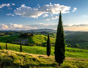 Sunny landscape featuring rolling hills and tall cypress trees