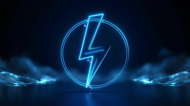 A blue neon lightning bolt inside a circle, set against a dark backdrop with vapor and glowing floor