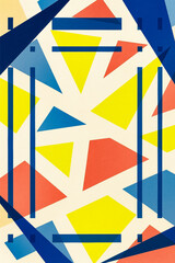 Abstract geometric pattern with blue, yellow, brown triangles and diagonal lines. Modern minimalist design for contemporary interiors and graphics.