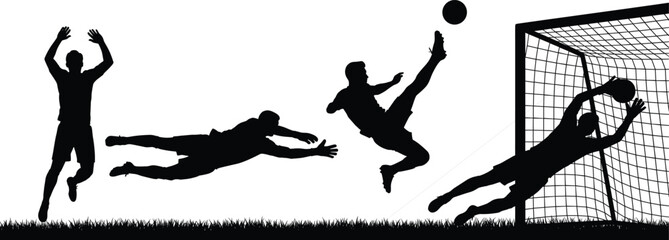 Soccer goal moment, dramatic bicycle kick, goalkeeper dive, black and white silhouette, sports action, football scoring, athletic motion, net celebration © Frd Art