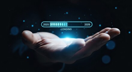 Transition and Progress Status, A futuristic hand holds a glowing orb with a loading bar, a transition from 2025 to 2026.