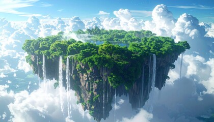 Floating Island Paradise: Lush Greenery and Cascading Waterfalls in the Sky.