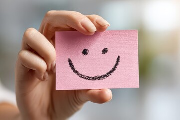 Hand holding a pink sticky note with a hand-drawn smiley face, symbolizing joy.