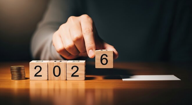 A hand is changing the number on wooden blocks from 2026, with coins nearby, time, finance, planning for the future.