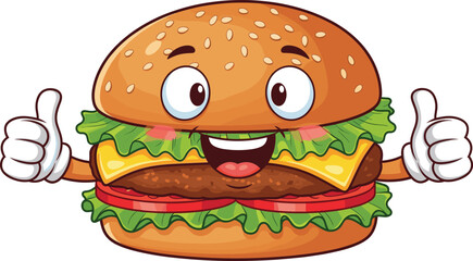 Cartoon hamburger character, smiling burger mascot, fast food illustration, thumbs up emoji style, kids menu design, fun food art