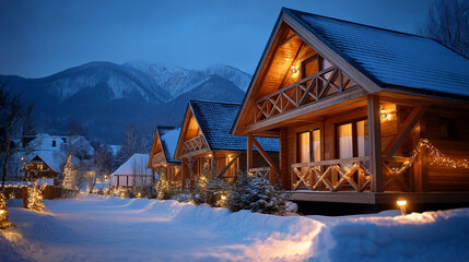 Relaxation in Bukovel, under soft warm light highlighting cozy cabins and snowy mountains, serene winter scene, calm resort lighting, with copy space