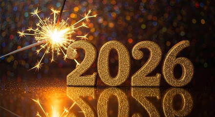 A sparkling celebration for the New Year 2026, featuring glittery numbers and a glowing sparkler against a colorful bokeh background.