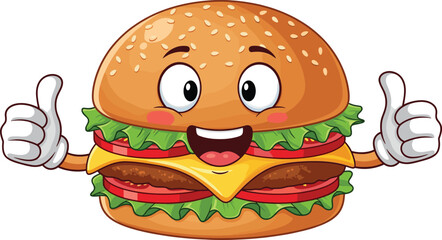 Cartoon hamburger character, smiling burger mascot, thumbs up food icon, cheerful fast food illustration, cute sandwich vector, kids menu design