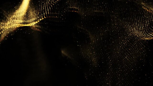 Gold Particles Moving Background. fast energy flying wave line with flash lights. Particle from below. Particle gold dust flickering on black background. Abstract Footage background for text.
