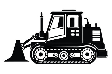 Naklejka premium Black and White Illustration of a Detailed Construction Bulldozer with Tracks and Blade